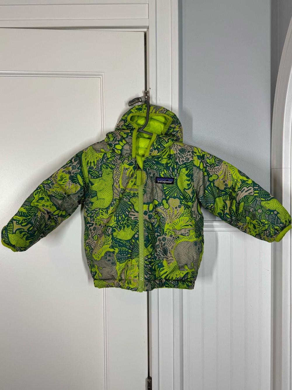 Patagonia Kids' Green Printed reversible down Puffer Jacket coat 12-18 months